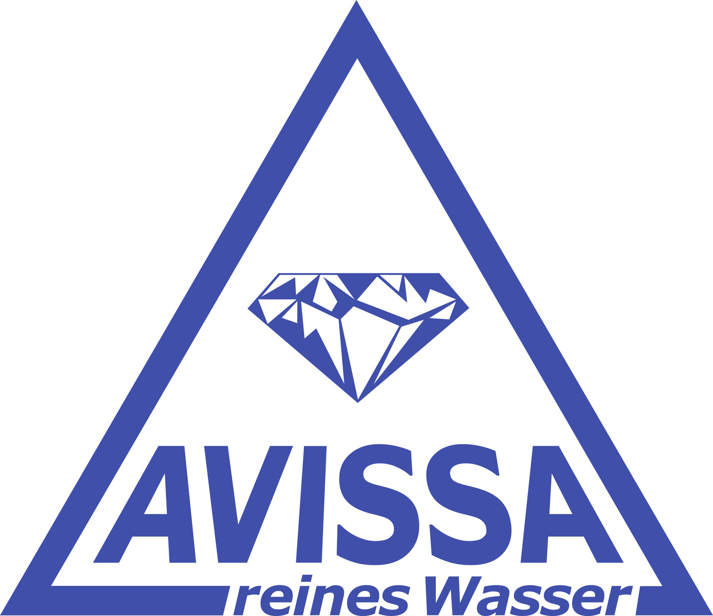 Ein blaues Dreieck mit einem Diamanten in der Mitte und dem Text "AVISSA reines Wasser" darunter.