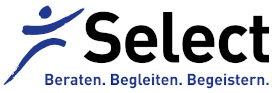 Ein Logo mit dem Wort "Select" und dem Slogan "Beraten. Begleiten. Begleiten." darunter.