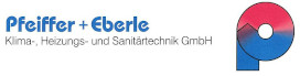 Logo der Firma "Pfeiffer + Eberle Klima-, Heizungs- und Sanitärtechnik GmbH" mit einem stilisierten blauen und roten Kreis.